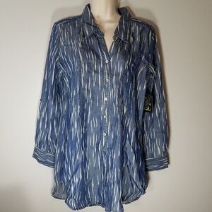 ZOZO Long Sleeve Shirt Blouse Top 100% Lyocel blue white strokes sz S NEW